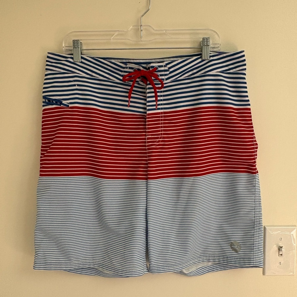 Vineyard Vines Whale Harbor Stripe Board Shorts Sz 34 Red White Blue Swim Trunks